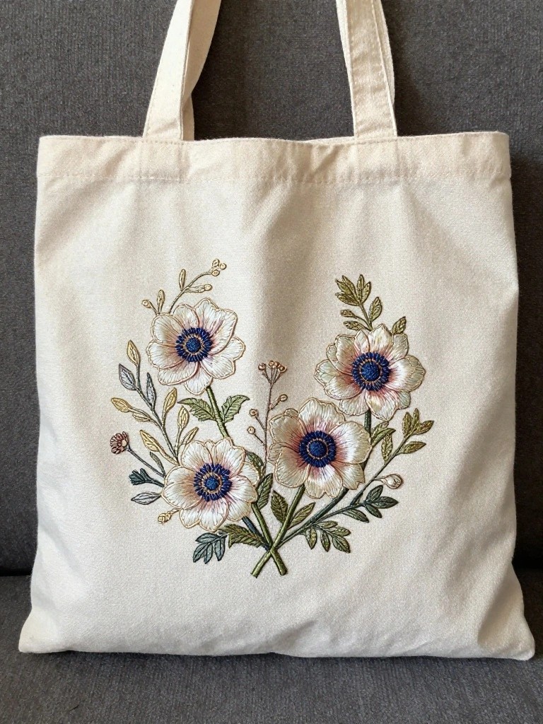 White canvas tote bag with centered embroidery of three white anemone flowers featuring blue centers, green stems, and leaves.