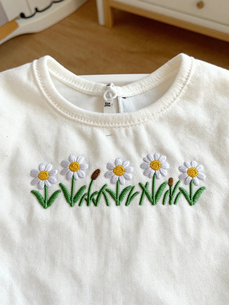 White baby knit top with five embroidered white daisies, yellow centers, and green stems in a straight row across the chest.