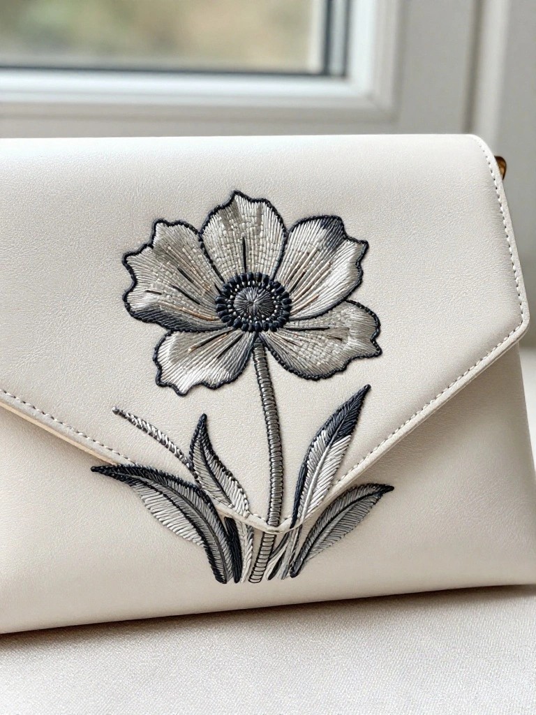 White leather envelope clutch bag with a central black embroidered anemone flower including petals, center, stem, and leaves on the front flap.