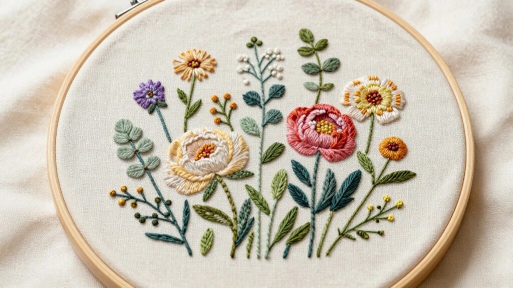 Embroidery hoop with two white peonies, green leaves, and small orange buds on beige fabric.
