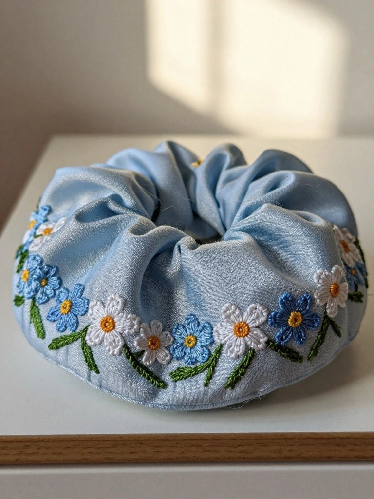 Blue satin scrunchie with white and blue forget-me-not flowers and green stems embroidered around the outer edge.
