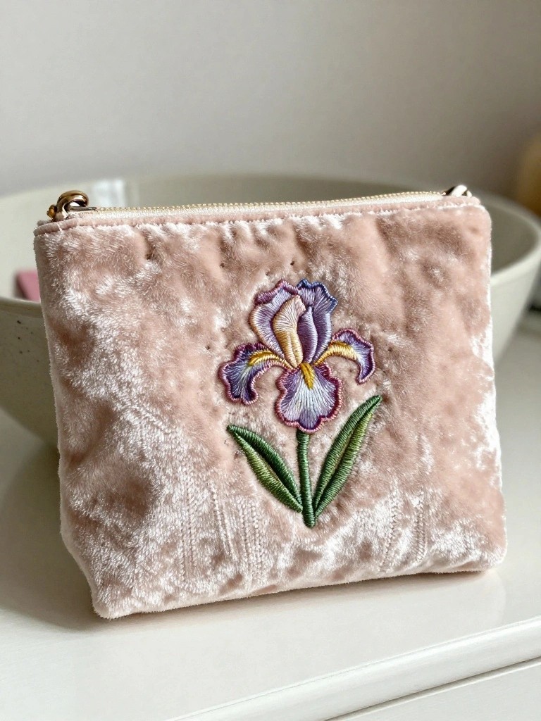 Pink velvet zippered pouch with purple iris flower and green leaves embroidered on the front panel.