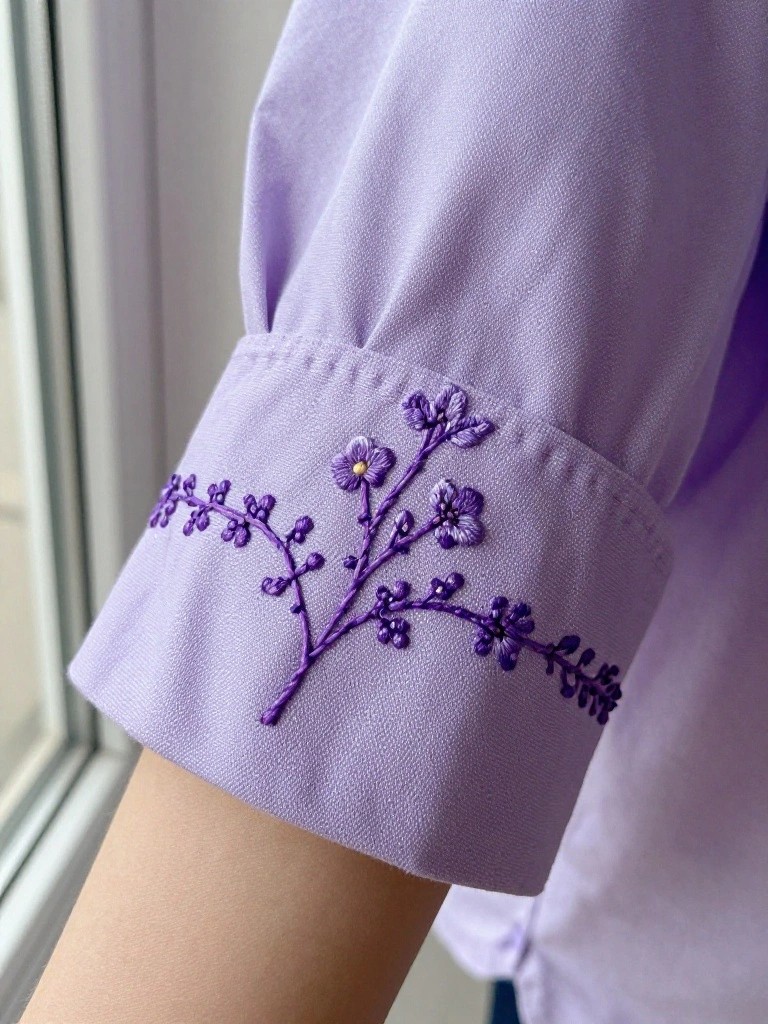 Light purple blouse cuff with purple embroidery of small lavender sprigs and stems along the edge.