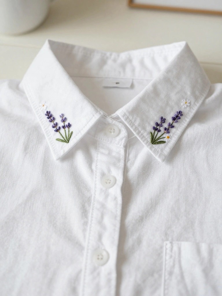 White collared shirt with embroidered purple lavender sprigs, green stems, and yellow dots on both collar points.