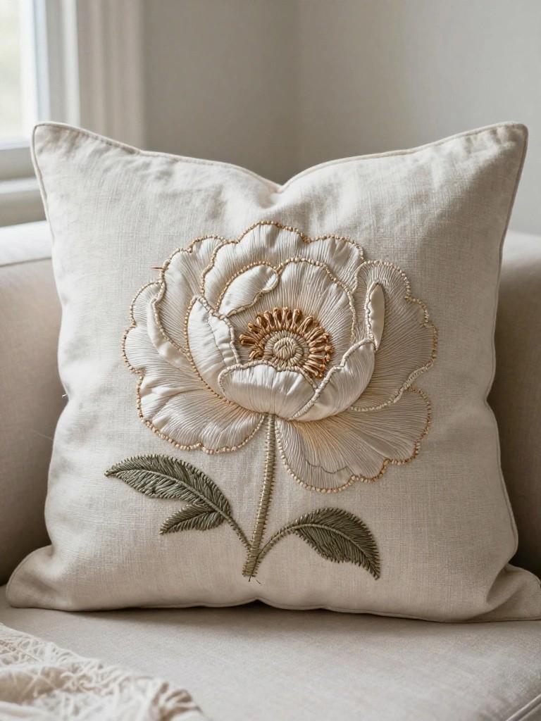 Square beige pillow cover embroidered with a central cream peony flower, gold accents, and green leaves on a sofa.