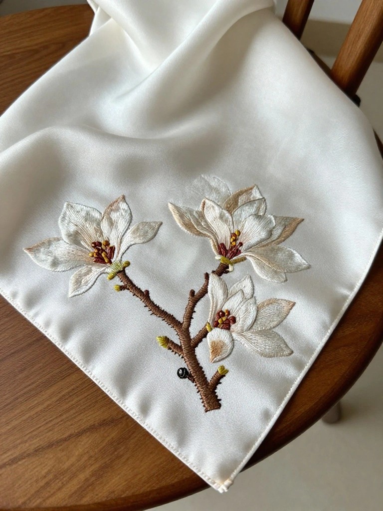 White silk napkin draped over a wooden chair with embroidered white magnolia flowers and thorny branch in one corner.