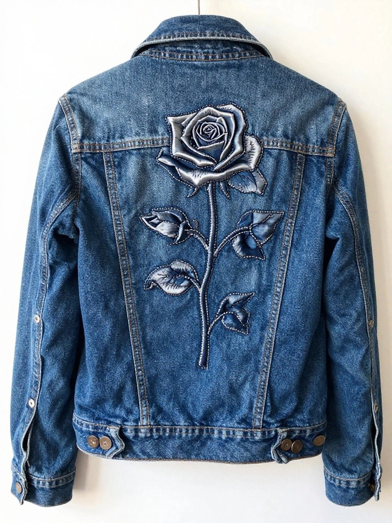 Back of a small blue denim jacket embroidered with a large silver rose, stem, and leaves centered on the fabric.