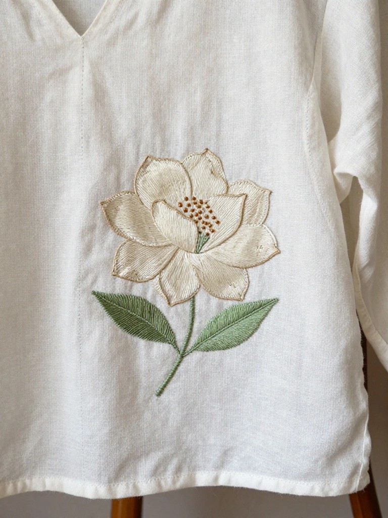 White loose-fitting blouse with embroidered cream-colored magnolia flower, green leaves, and brown center on the front right chest area.