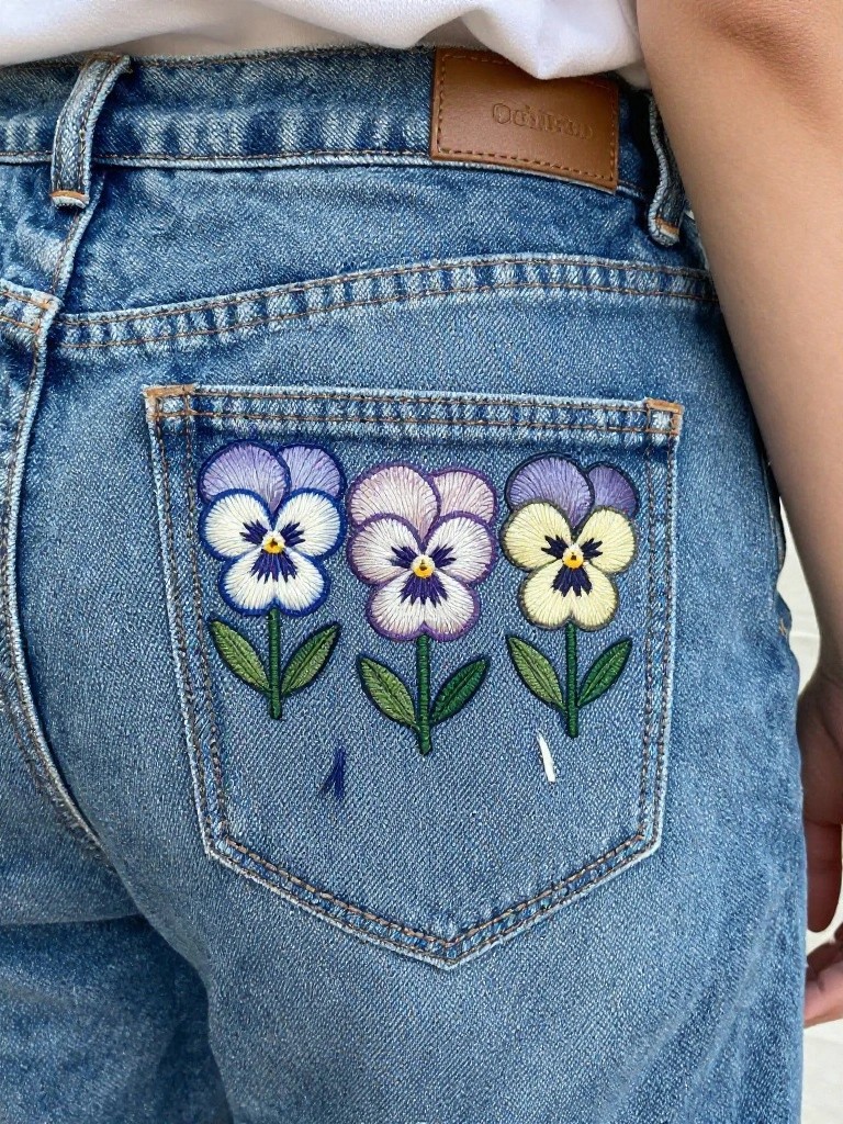 Back pocket of blue jeans with three embroidered purple pansies and green stems.