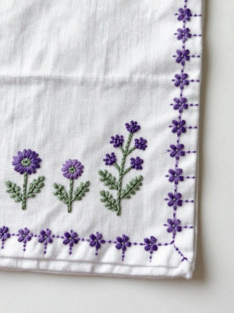 White tea towel with small purple daisy-like flowers, green stems, and purple scalloped border stitching along the bottom and side edges.