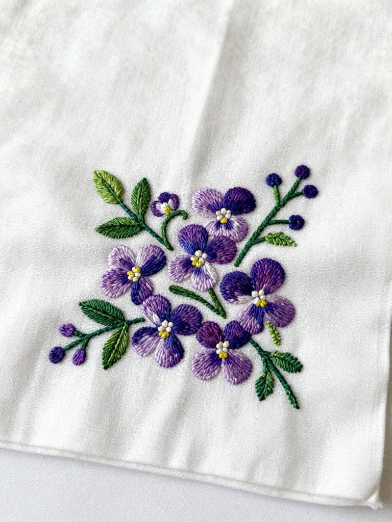 White square fabric with embroidered purple violets, green leaves, and buds clustered in one corner.