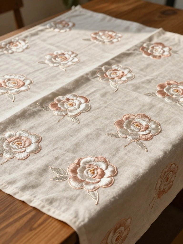 A cream table runner embroidered with scattered peach-colored roses lies folded on a wooden table.