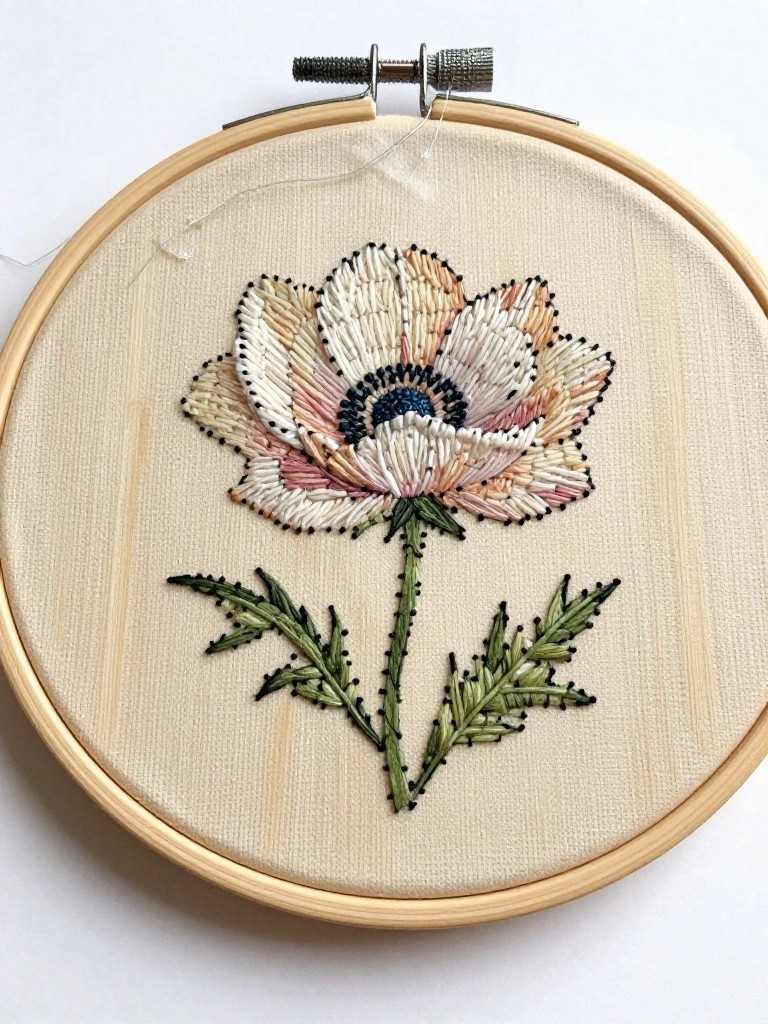 Embroidery hoop featuring a beige anemone flower with layered petals, black center, green stem, and leaves on tan fabric.