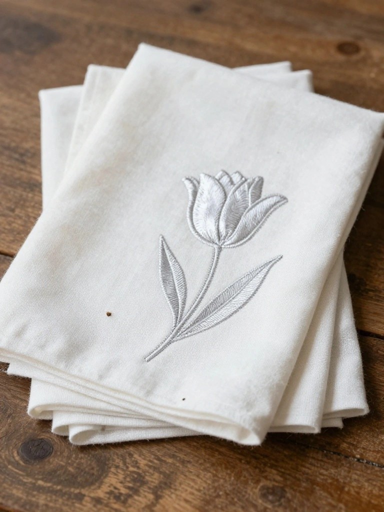 Stack of white linen napkins embroidered with silver tulips, folded on a wooden table.
