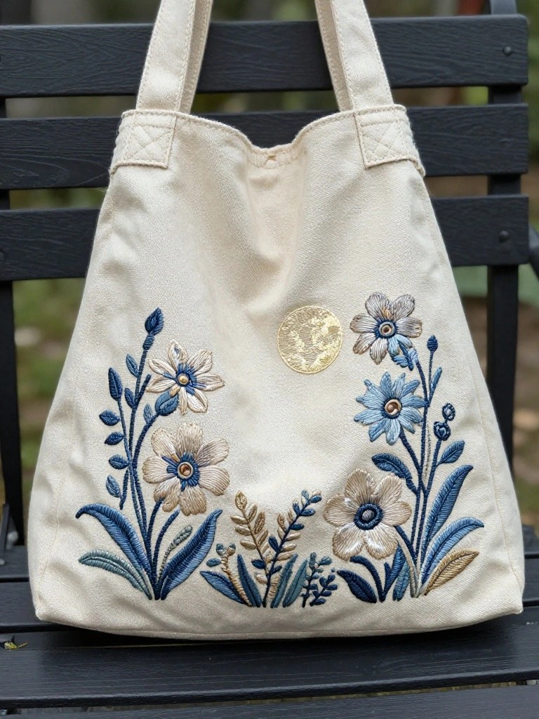 Cream canvas tote bag with front embroidery of blue and beige daisies, leaves, stems, and central gold sun circle on a black bench.