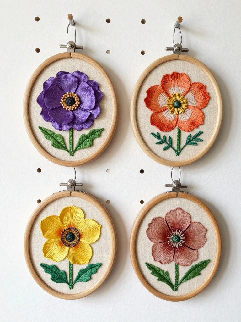 Four wooden embroidery hoops hang on a wall, each with a different colored embroidered anemone flower and green leaves.
