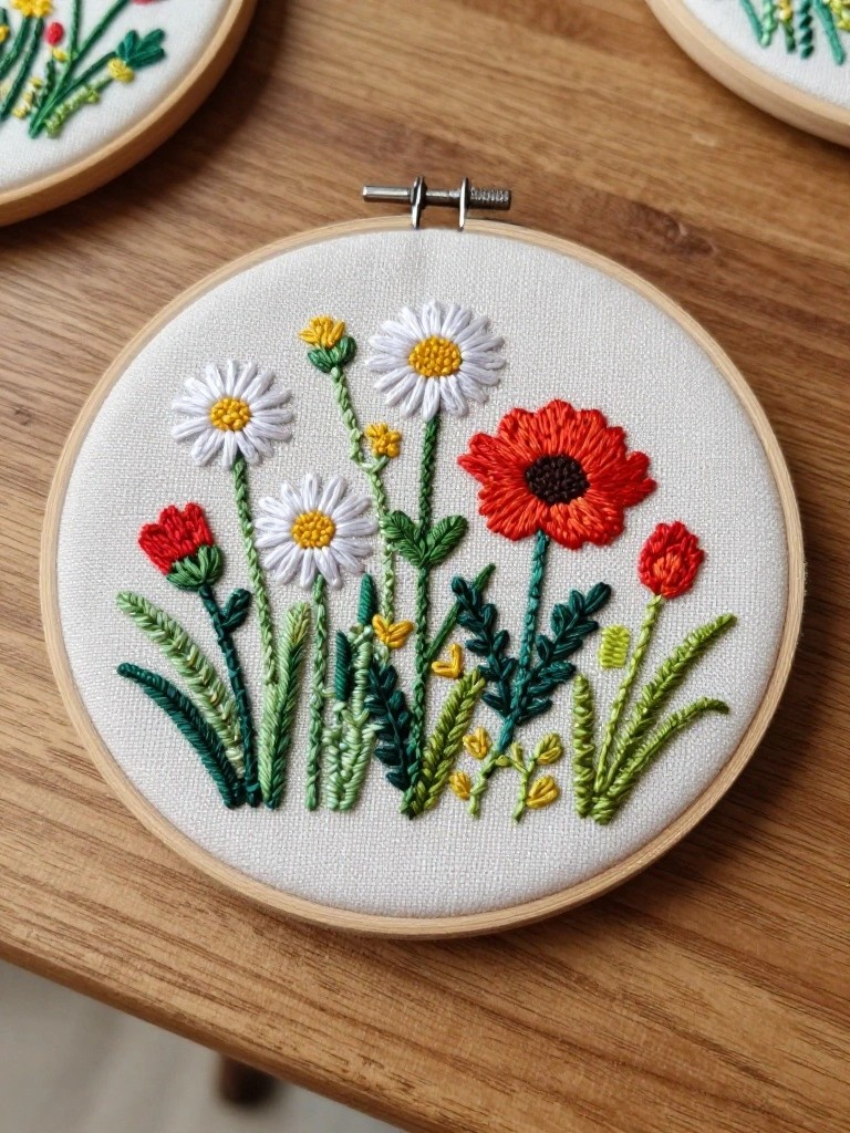 Three embroidery hoops on a wooden table, center one stitched with white daisies, red poppies, green stems, and leaves on white fabric.