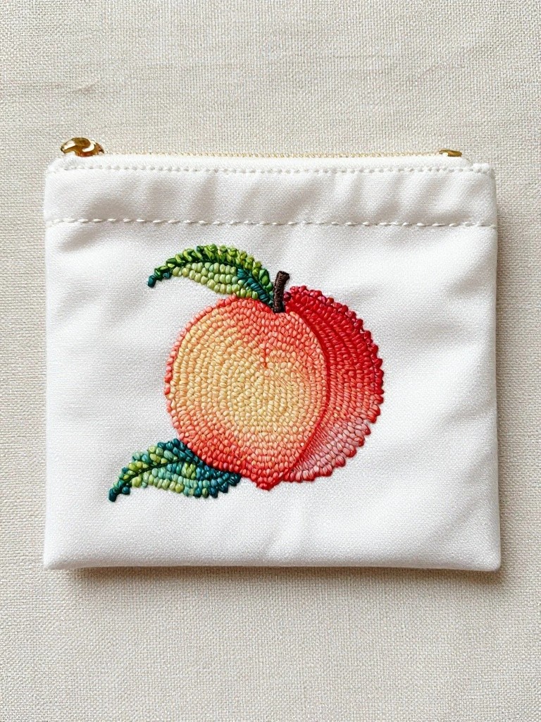 White zippered fabric pouch with central beaded embroidery of a peach fruit, leaf, and stem in orange tones on cream beading.