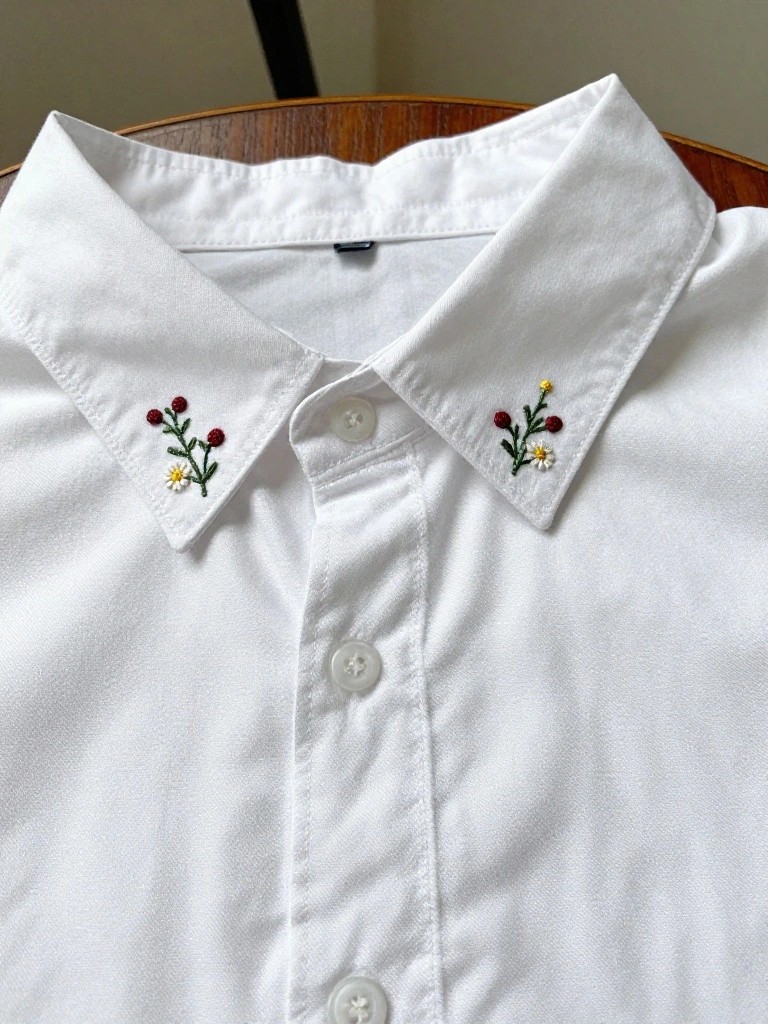 White shirt collar with small embroidered red berry clusters, green leaves, and daisies on each side.