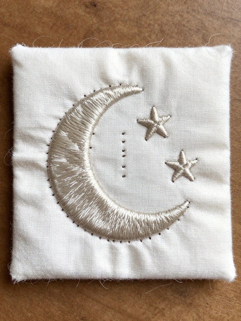 Small white fabric square with raw edges embroidered in gold thread featuring a crescent moon, two stars, and three dots.