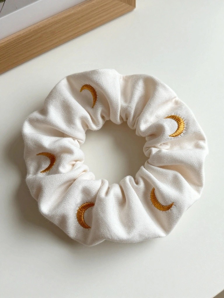 White scrunchie with gold embroidered crescent moons spaced evenly around it.