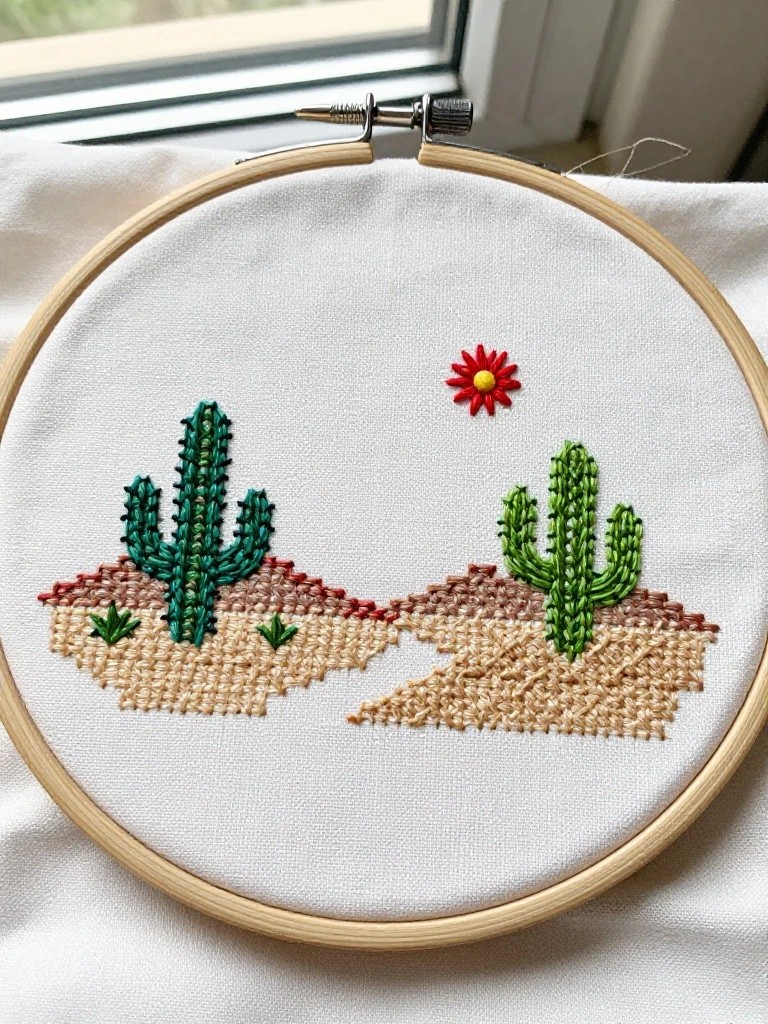 Embroidery hoop on white fabric with green cacti, tan hills, a ground path, and red sun in cross-stitch style.