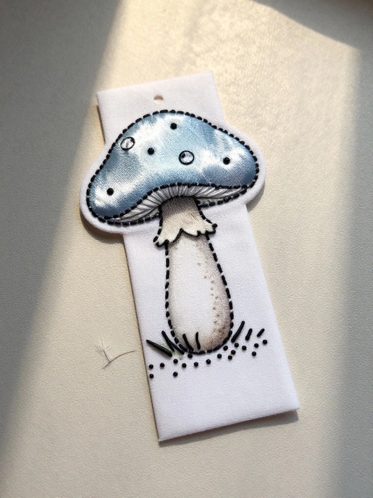 White fabric bookmark embroidered with a blue spotted mushroom on a white stem.
