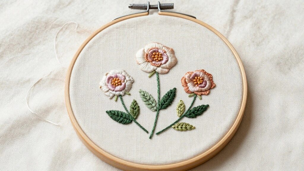 Embroidery hoop with three camellia-like flowers in pink-to-red shades, green stems, and leaves on white fabric.