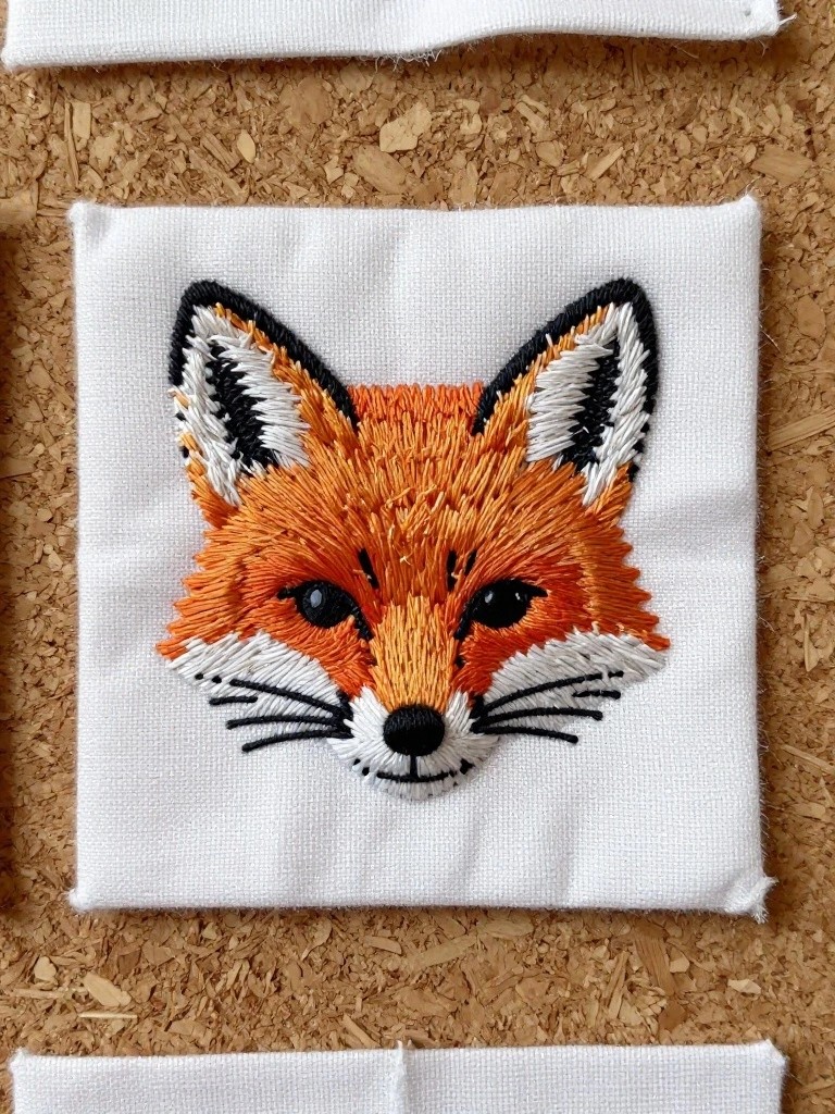 White square fabric patch embroidered with an orange fox face, black details, and white accents, pinned to a corkboard.