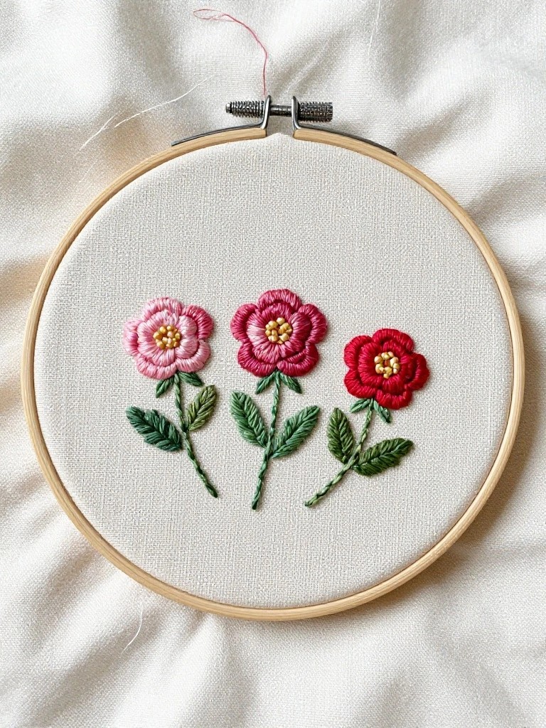 Embroidery hoop with three camellia-like flowers in pink-to-red shades, green stems, and leaves on white fabric.