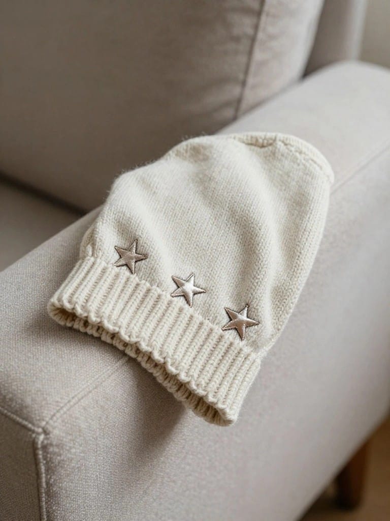 Cream knit beanie with three silver star embroideries on the front fold, draped over a beige sofa arm.
