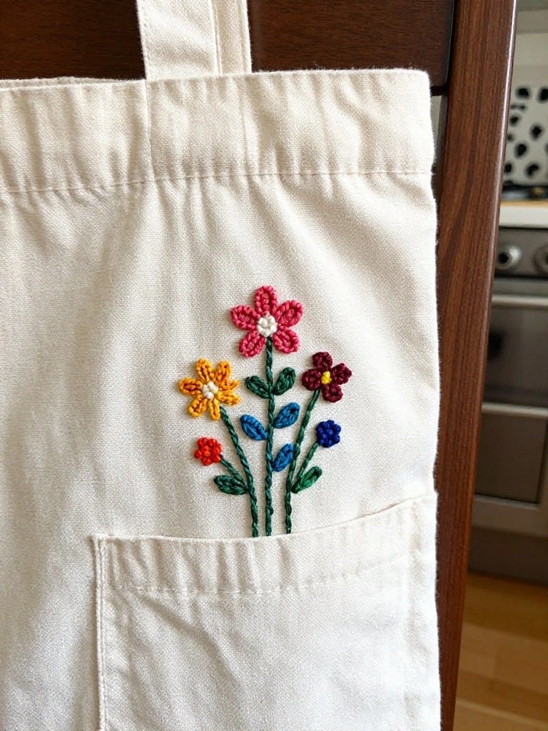 White canvas tote bag with embroidered cluster of small pink, orange, red, and purple flowers on green and blue stems emerging from the front pocket.