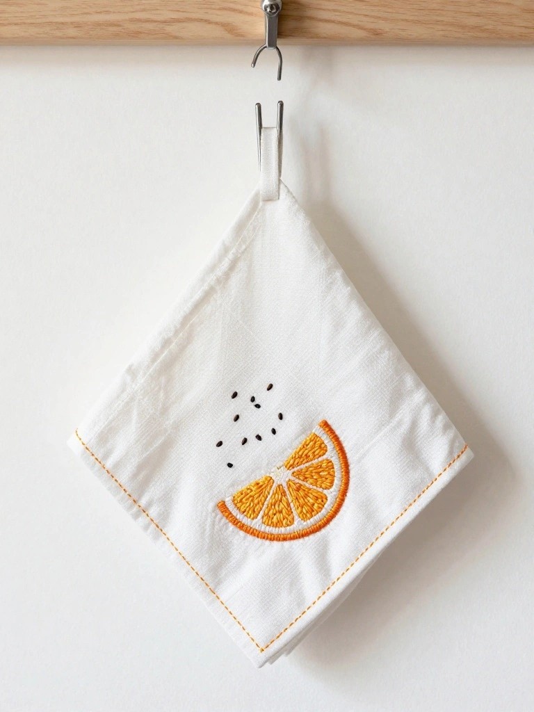 White square napkin embroidered with orange slice and seeds, hanging from a clip on a wooden rail.