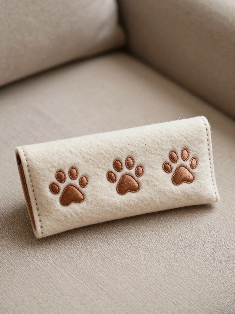 Cream felt wallet with three brown embroidered paw prints in a row on the front flap.