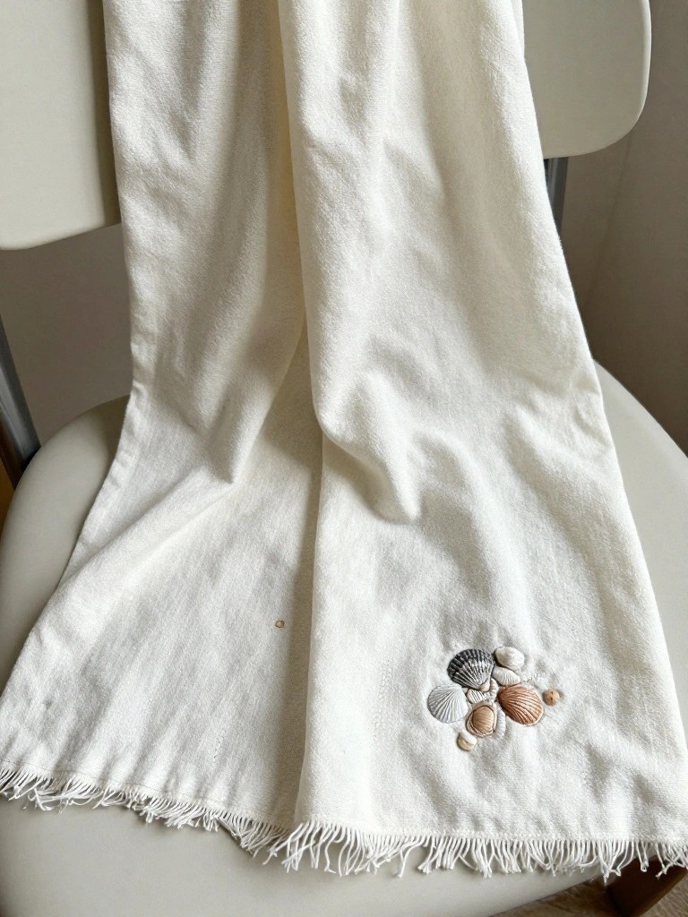 White fringed towel draped over a wooden chair with a cluster of embroidered seashells in neutral tones near the bottom edge.