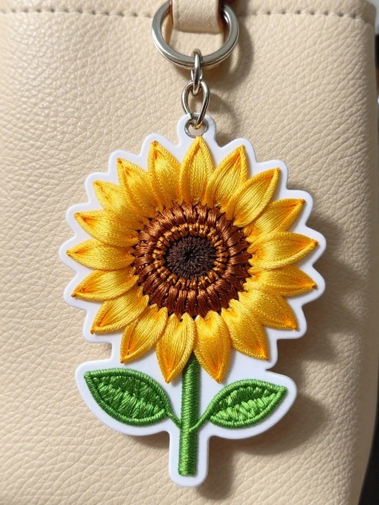 Embroidered sunflower on a white disc with chain attached to a beige bag.