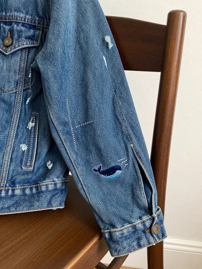 Blue embroidered whale on the lower sleeve of a distressed denim jacket hanging over a wooden chair.