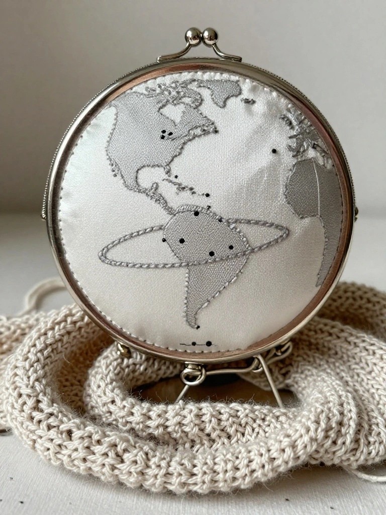 Small round white satin purse with gray embroidered world map on front and metal clasp, on a stand amid beige knitting.