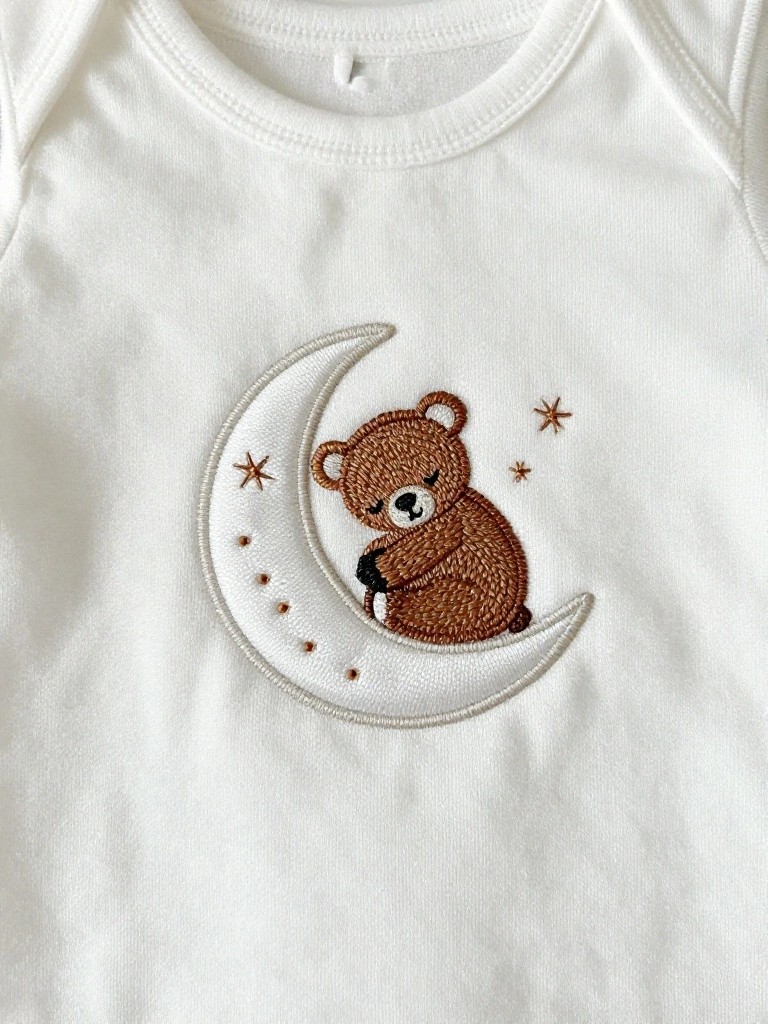 White baby onesie with brown embroidered teddy bear hugging a crescent moon and stars on the front chest.