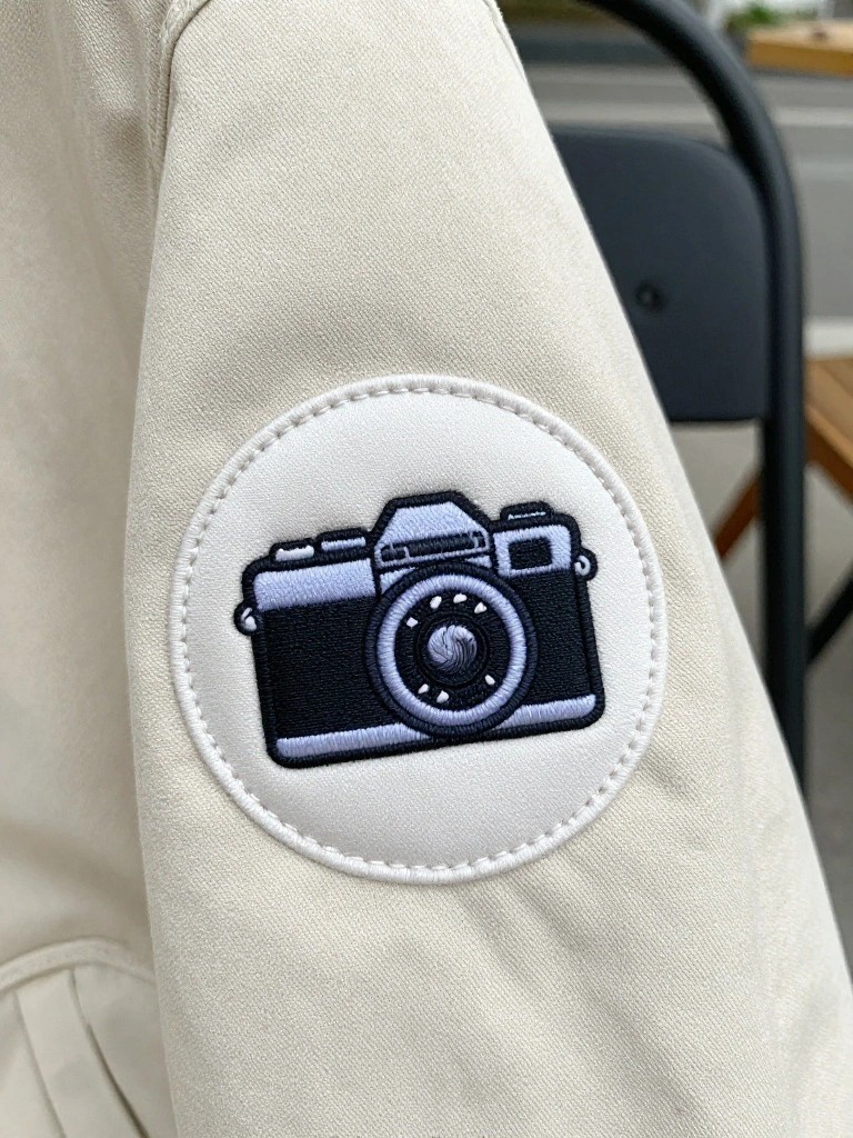 Close-up of a black and navy embroidered camera on a white circular patch on the sleeve of a beige jacket.