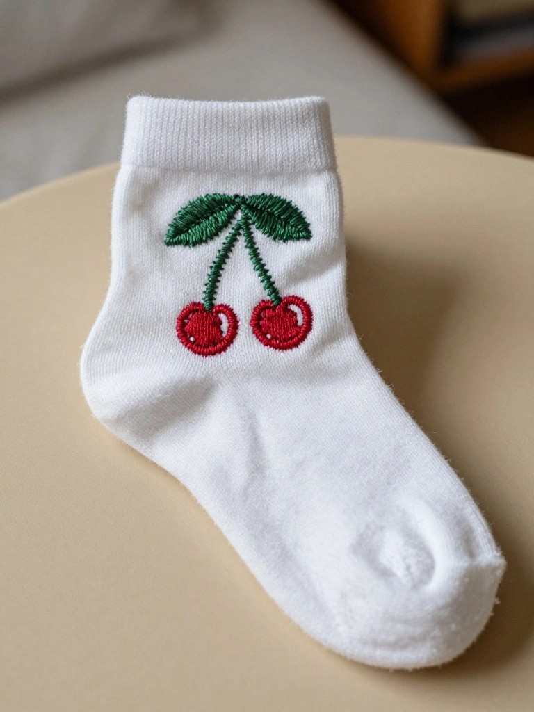 White ankle sock with red embroidered cherries and green leaves on the top cuff.