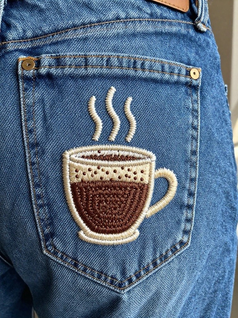 Blue jeans back pocket embroidered with a detailed brown coffee cup, white foam, and rising steam using floss stitches.
