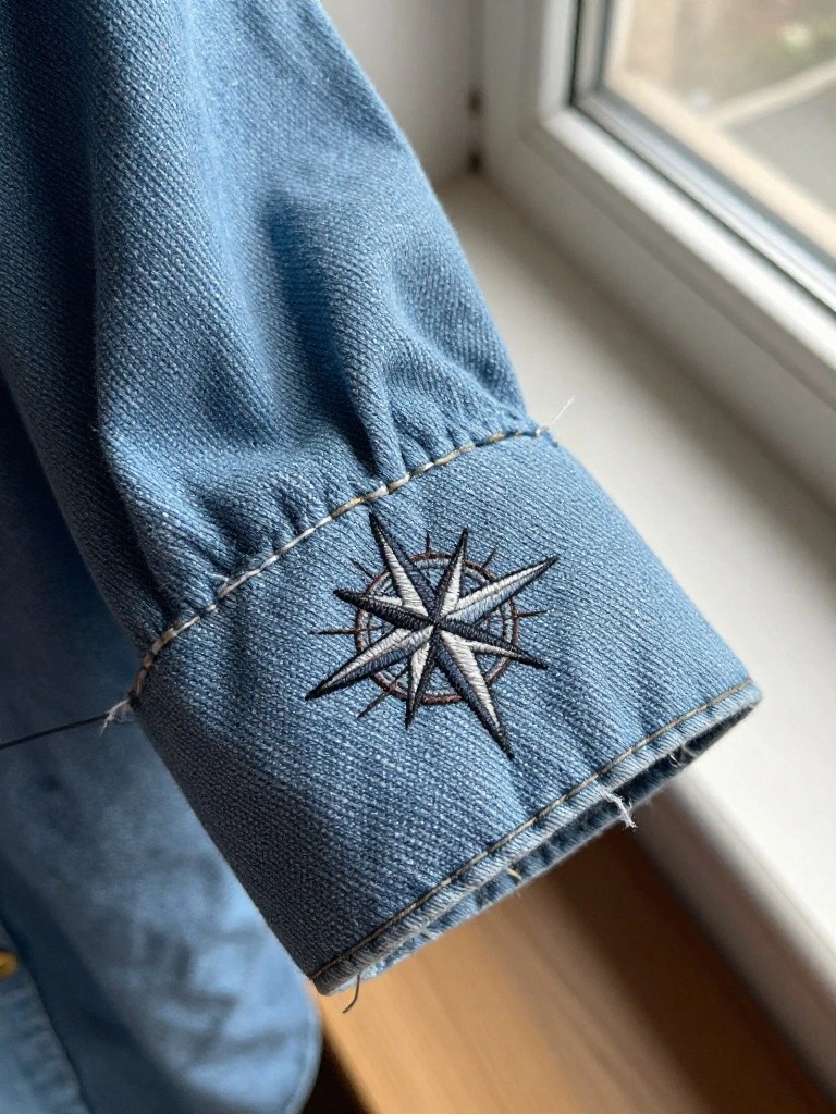 Close-up of white compass rose embroidery on the cuff of a blue denim jacket sleeve.