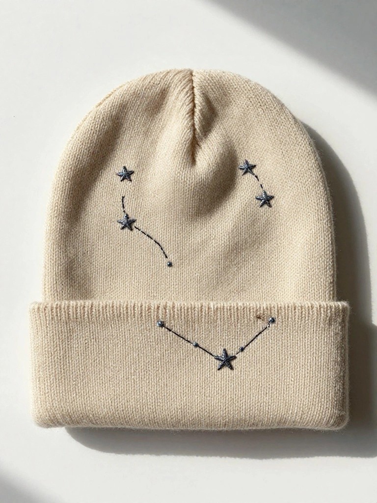 Cream knit beanie with dark blue embroidered stars and connecting lines forming a constellation on the front.