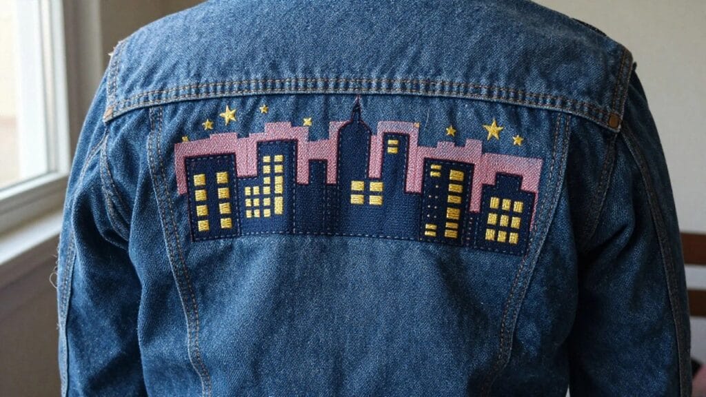 Back view of a small blue denim jacket embroidered with a dark blue city skyline, yellow-lit windows, scattered yellow stars, and a crescent moon.