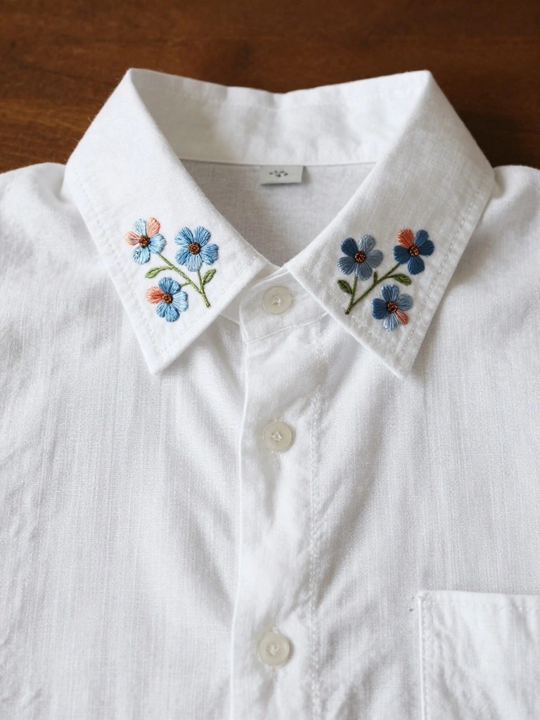 White collared shirt with embroidered clusters of small blue and orange flowers and green stems on the collar.