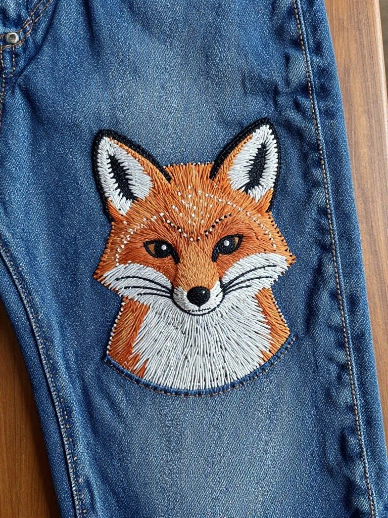Blue jeans with an embroidered orange fox face on the front leg, draped over a wooden surface.