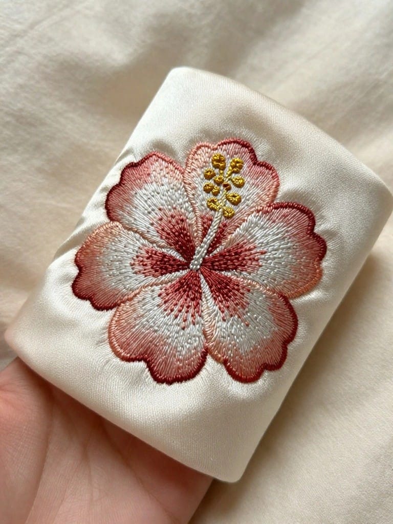 A hand holds a small folded beige silk cuff embroidered with a detailed pink, white, and yellow hibiscus flower.