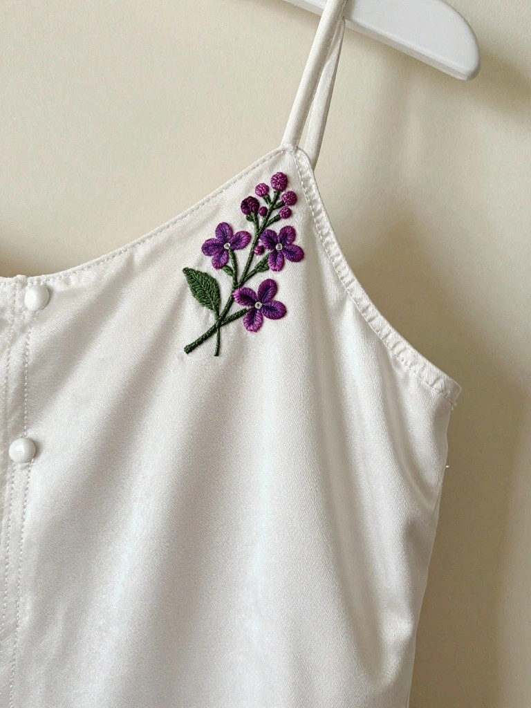 White camisole top hanging on a hanger with purple lilac flower embroidery and green leaves near one strap.