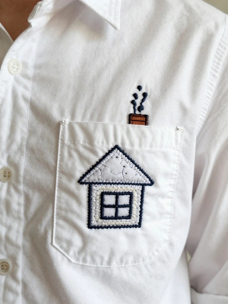 Close-up of a white men's shirt pocket embroidered with a small white house motif outlined in navy, featuring an orange chimney with smoke.